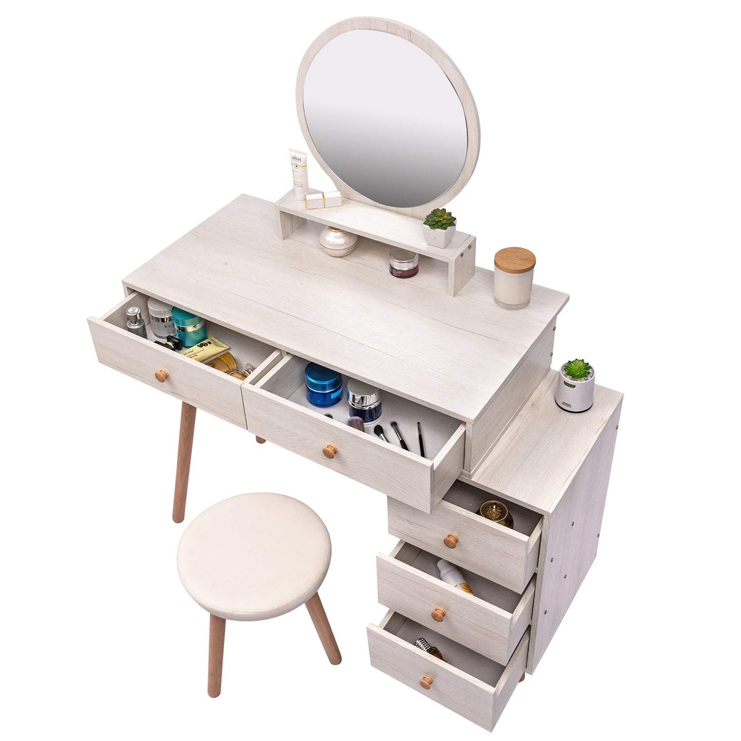 Makeup Vanity Table with Cushioned Stool and Storage