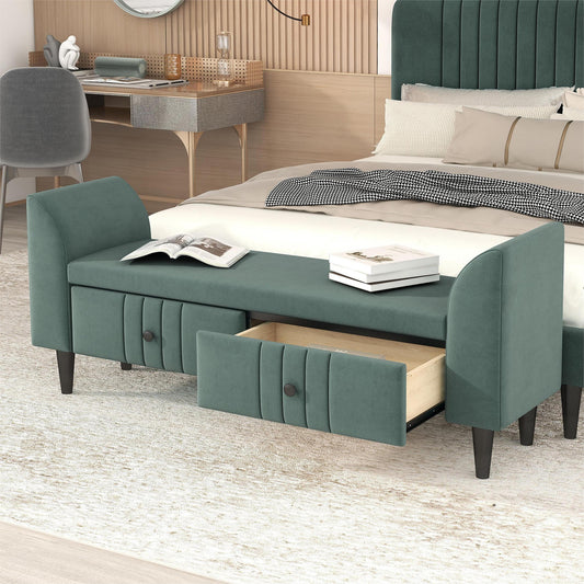 Green Upholstered Storage Ottoman Bench with Drawers