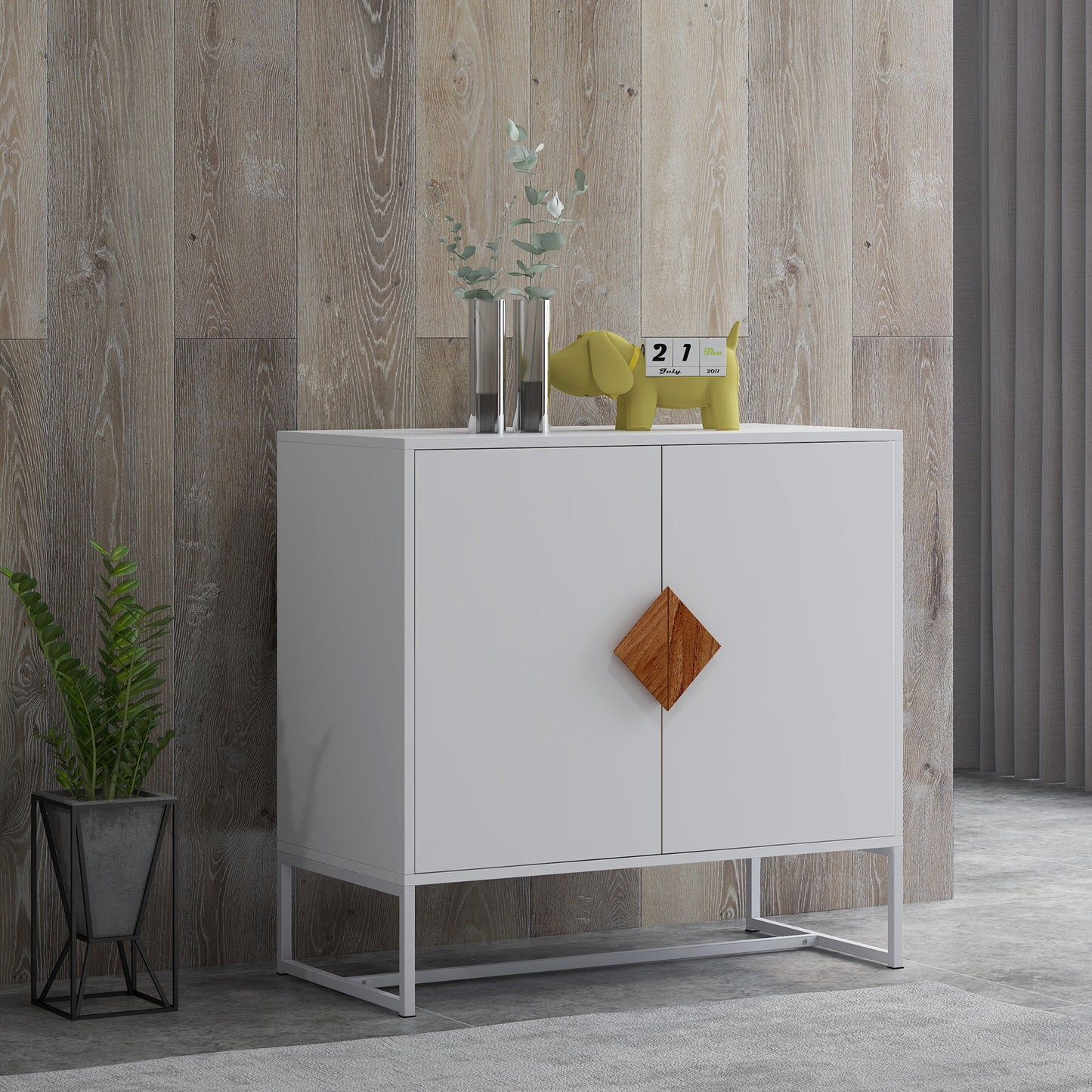 Minimalist White Storage Cabinet with Wood Handle