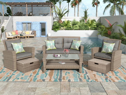 4 Piece Tan Outdoor Wicker Conversation Set with Storage Ottomans