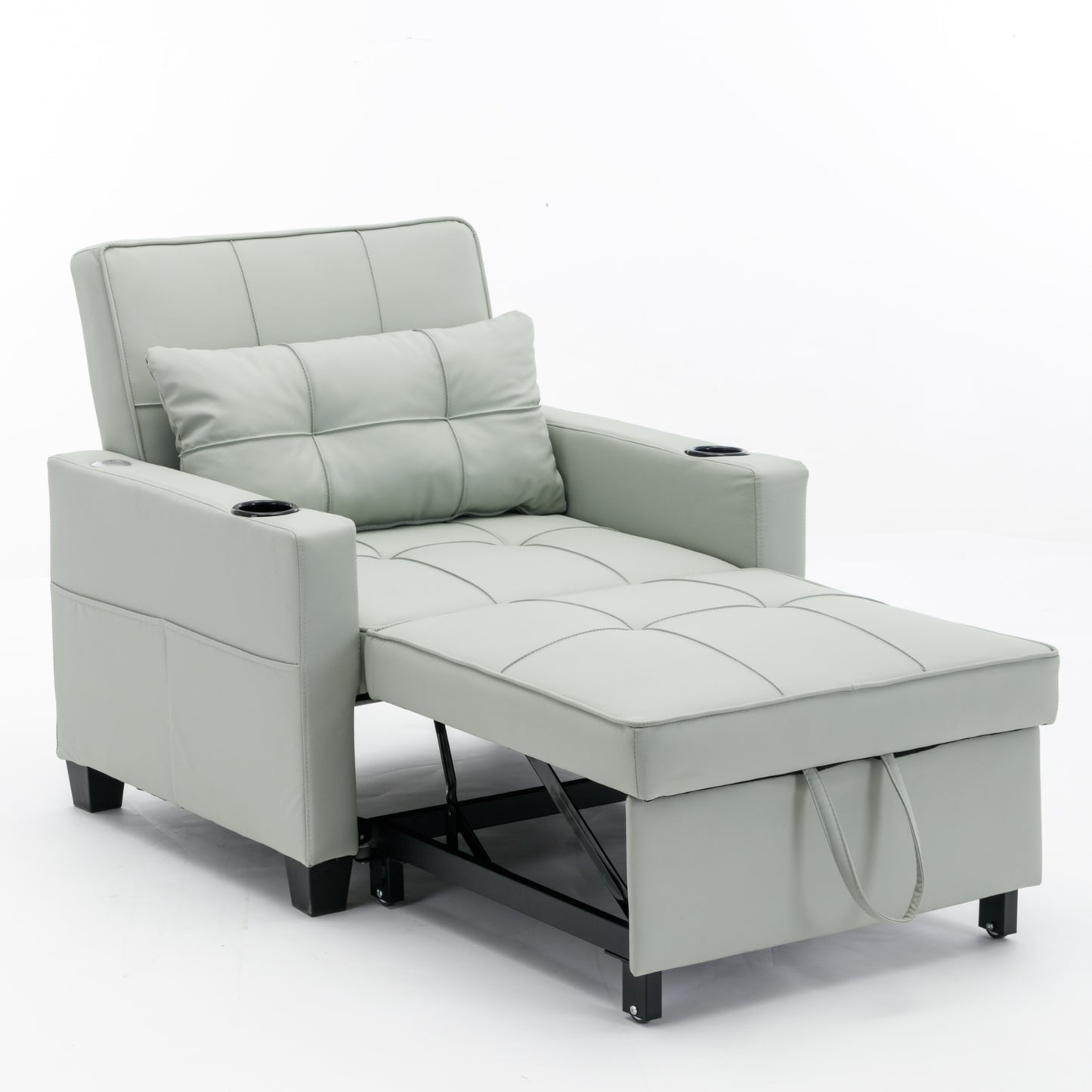 Green Leather Convertible Accent Chair 3-in-1 Pull Out Sleeper Chair with USB Ports