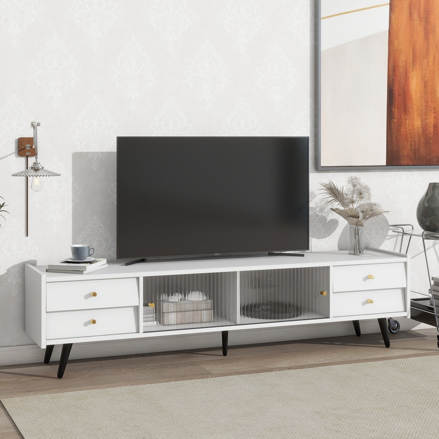 Contemporary White TV Stand with Sliding Glass Doors