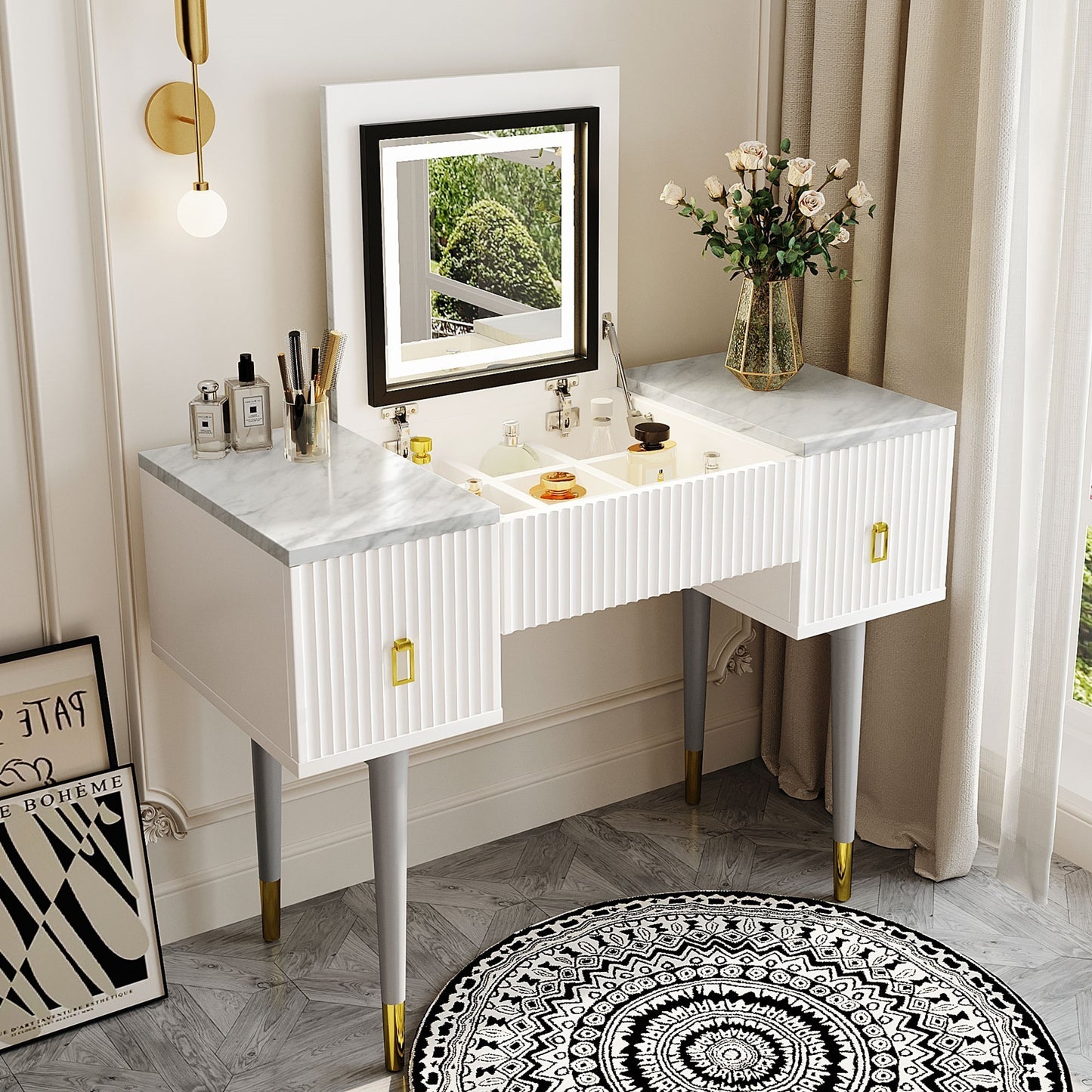 Modern Vanity Table Set with Flip-top Mirror and LED Light