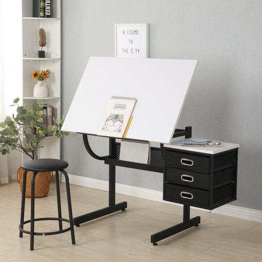 White Adjustable Drafting Table with Stool and Drawers