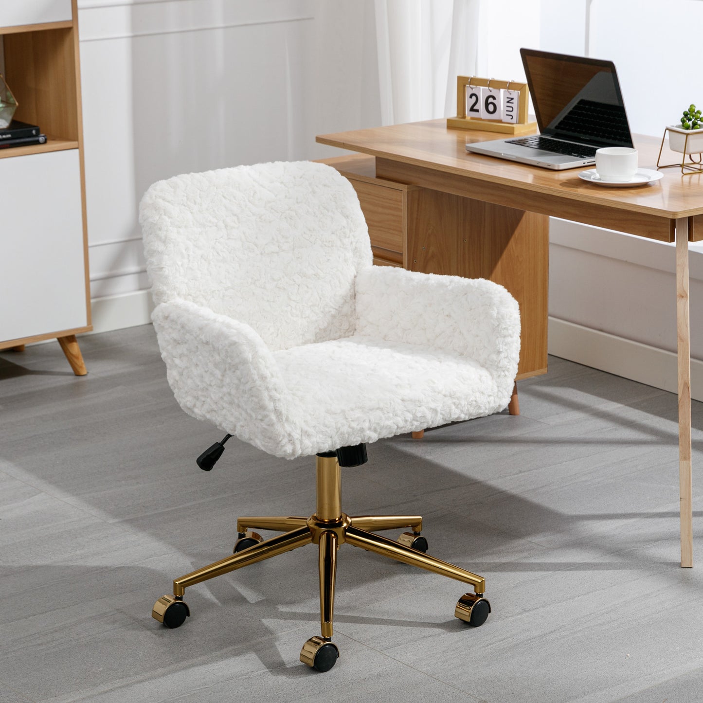 Cozy White Velvet Office Chair with Gold Base