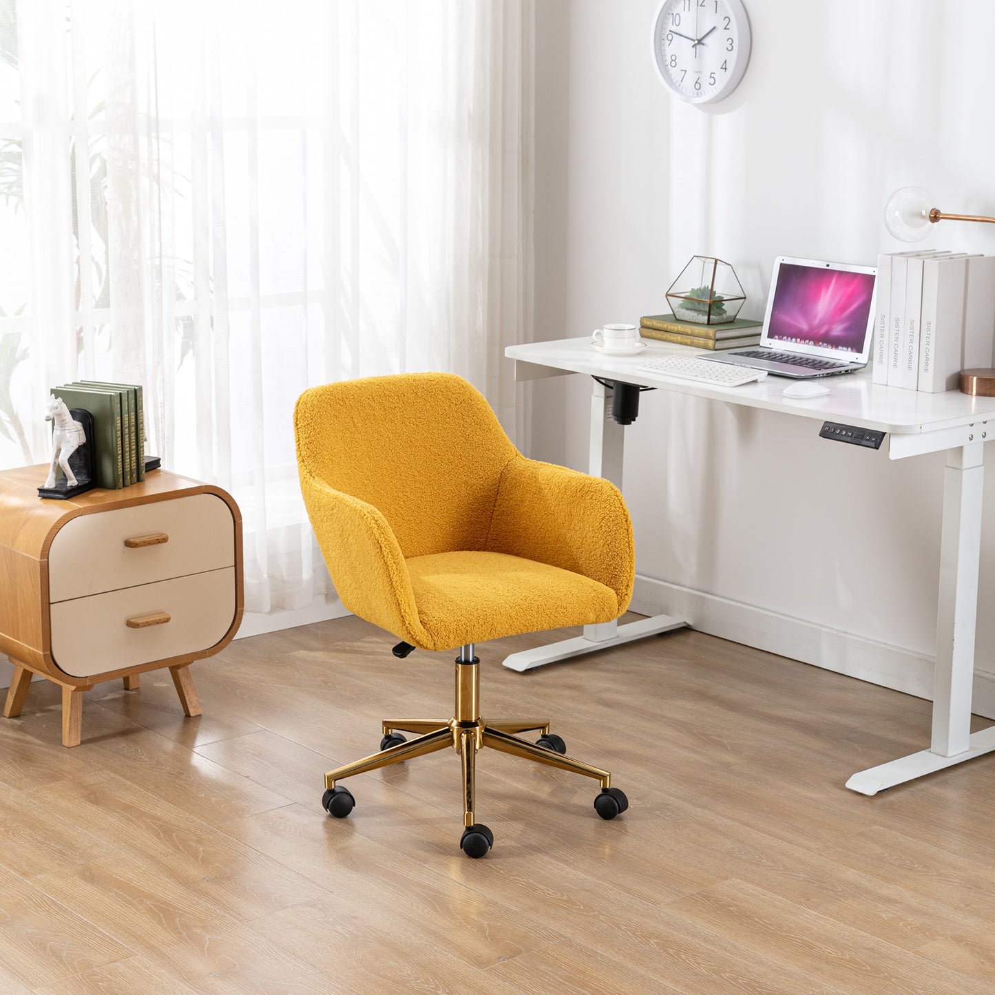 Modern Yellow Plush Fabric Home Office Chair with Wheels