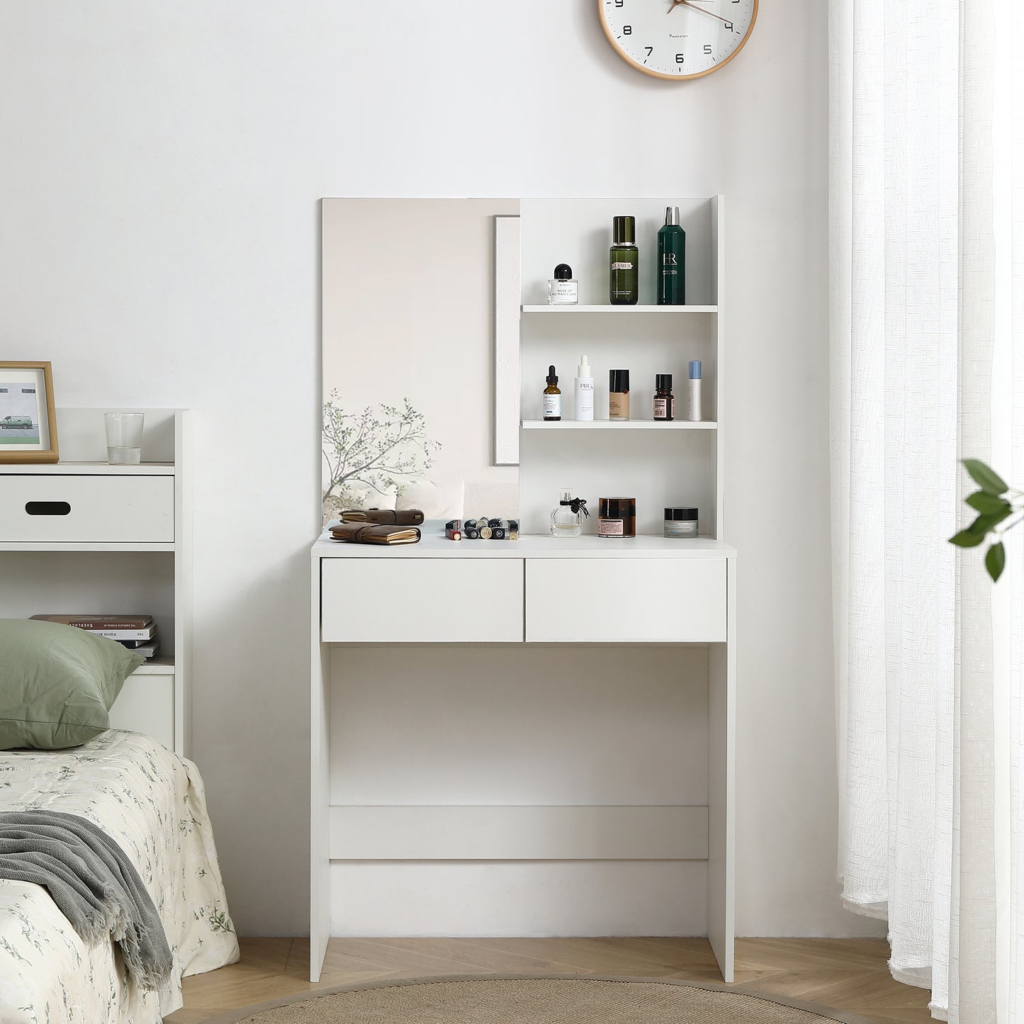 Vanity Desk with Mirror, Shelves, and Drawers