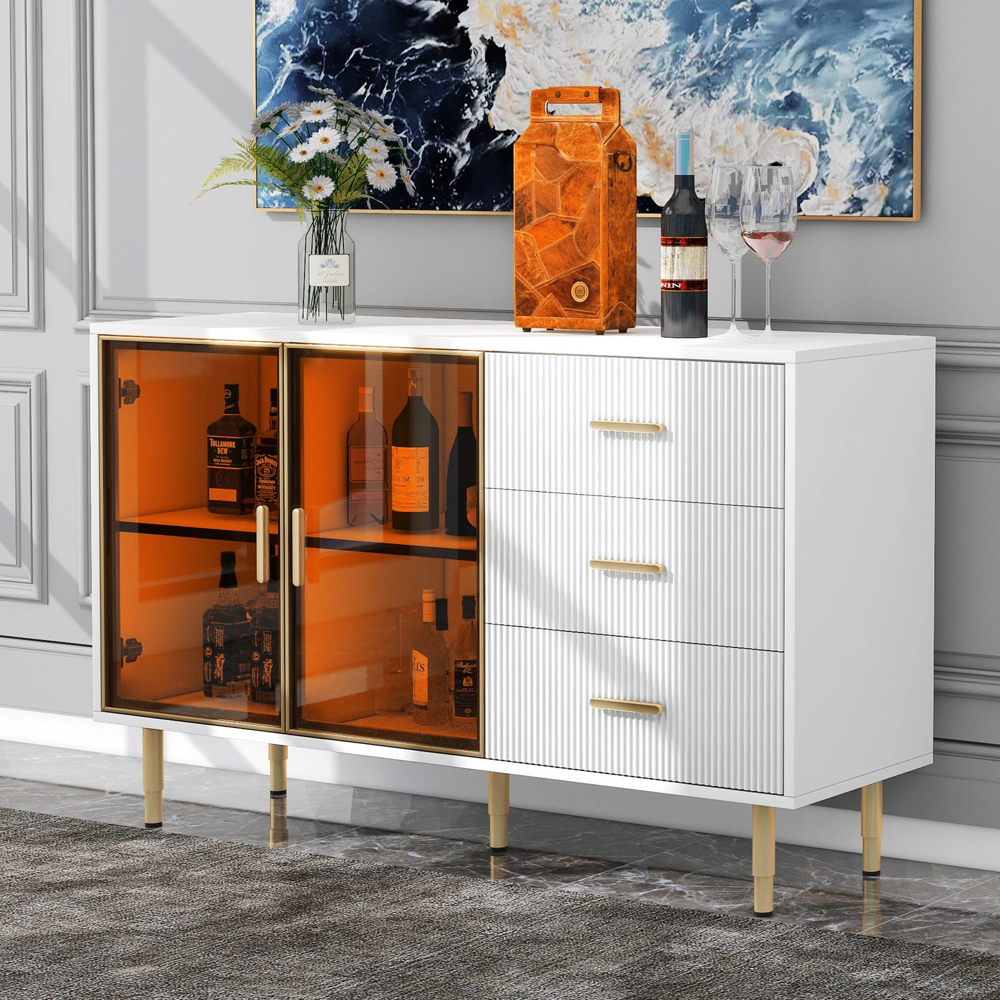 Modern Sideboard Buffet Cabinet with Amber-yellow Tempered Glass Doors