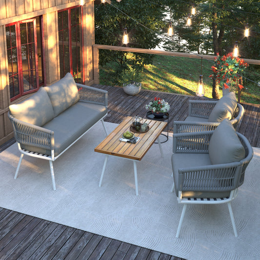 Grey 4-Piece Boho Rope Patio Furniture Set