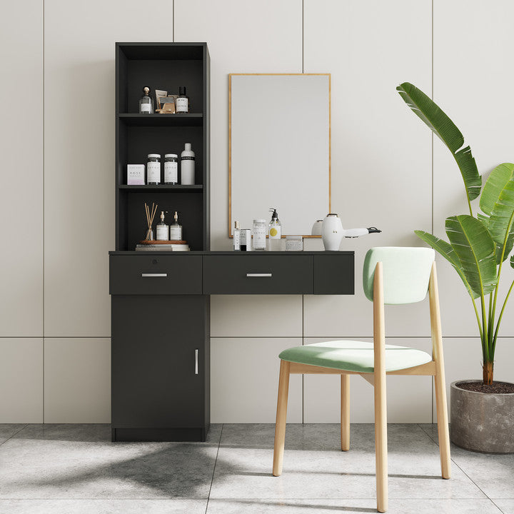 Black Modern Vanity with Shelves and Hair Styling Tool Storage