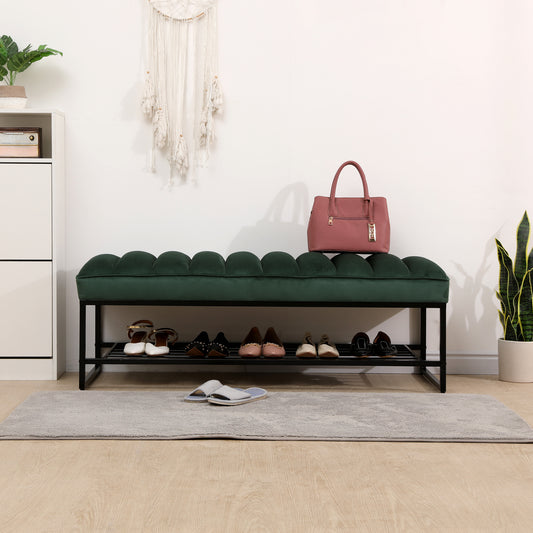 Green Velvet Channel Tufted Ottoman Bench with Storage Shelf