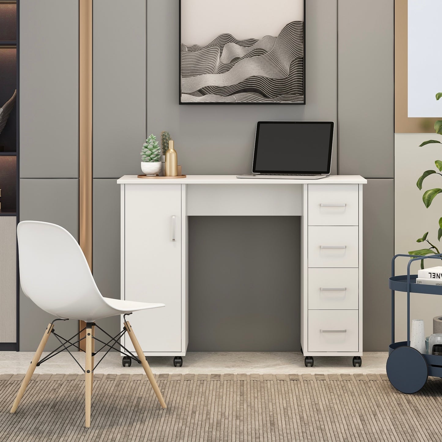 White Home Office Desk Table with Storage